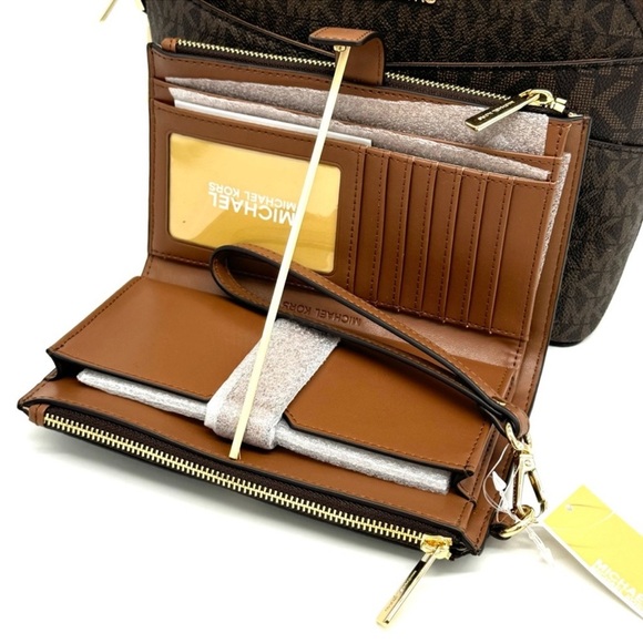 MICHAEL KORS Jet Set Travel Medium Dome Crossbody Bag & Double Zip Wallet Brown - Picture 11 of 13